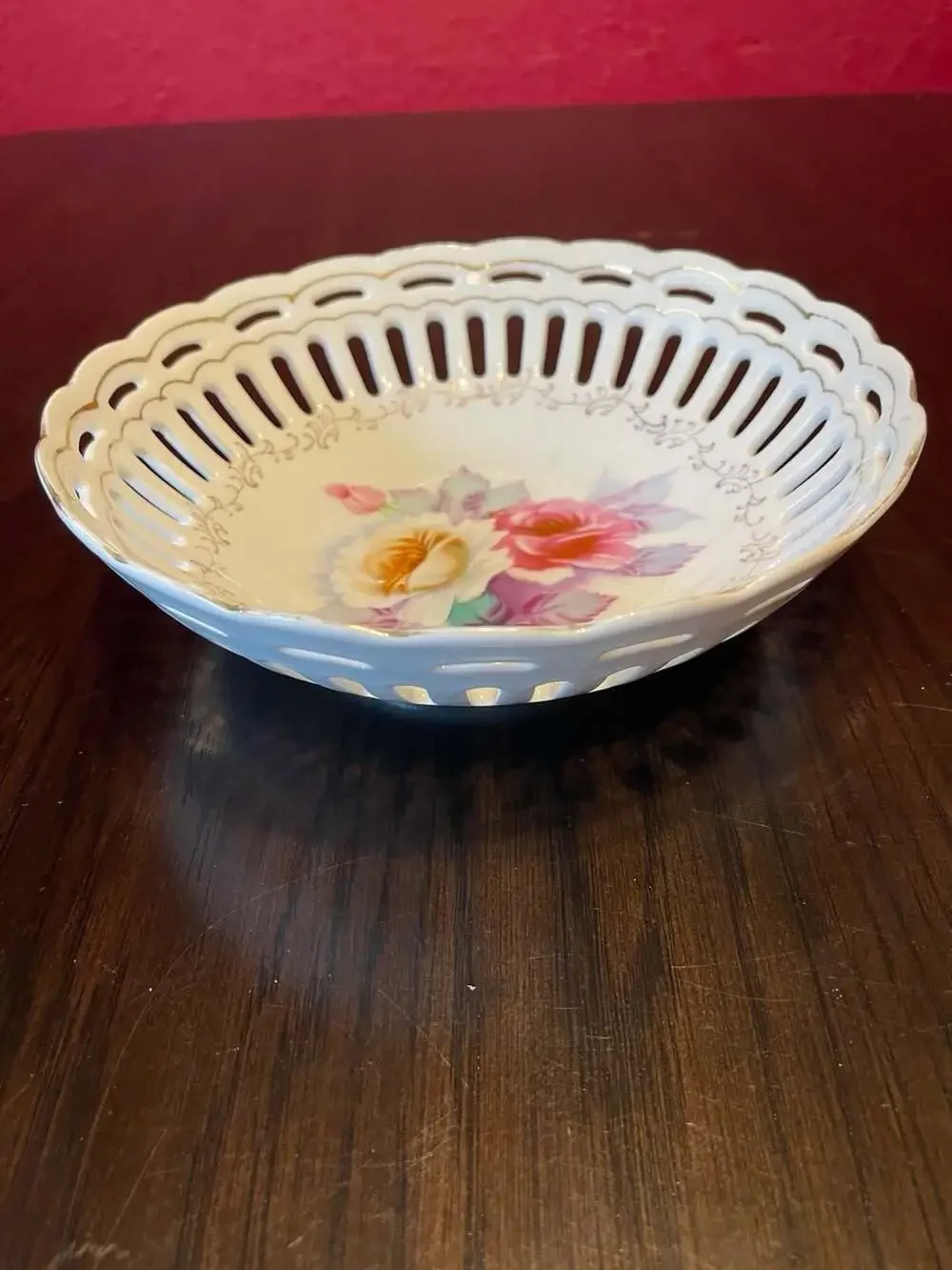 Vintage Hand-Painted Floral Reticulated Porcelain Bowl, Made in Japan